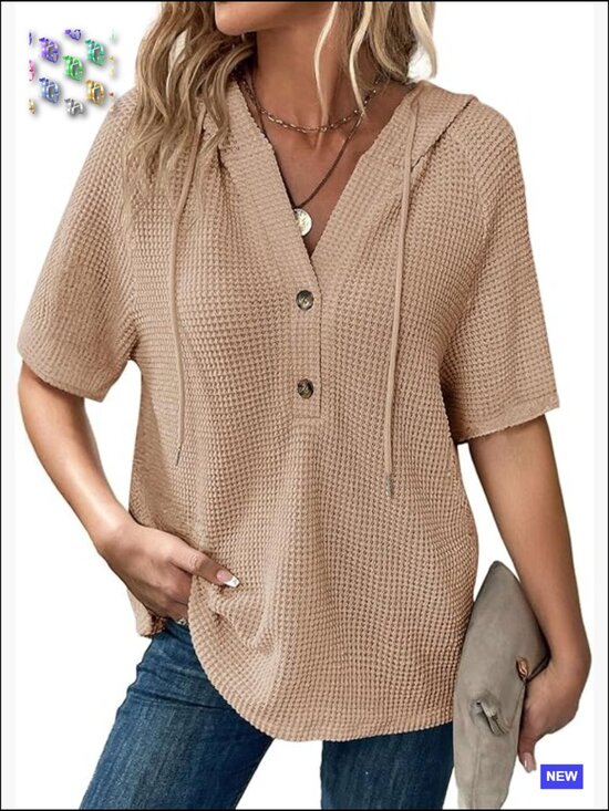 Tops - Waffle Knit Short Sleeve Hoodie Casual Button V Neck Lightweight Blouse